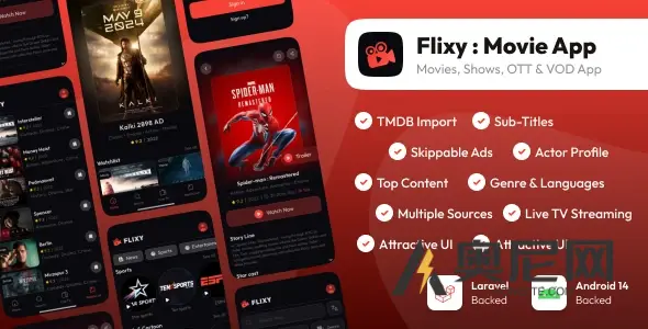 Flixy – 电影应用程序系列、直播电视、视频流应用程序、Netflix 克隆：Android/Laravel