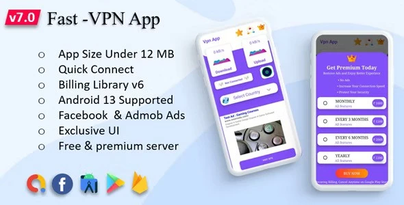 Fast-Pro VPN App v8.0 – VPN 解锁代理 |应用内 VPN 购买 |高度安全的 VPN |Admob 广告