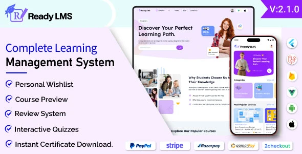 Ready LMS v2.1.0 – 完整的学习管理系统网站、带有管理面板的移动应用程序